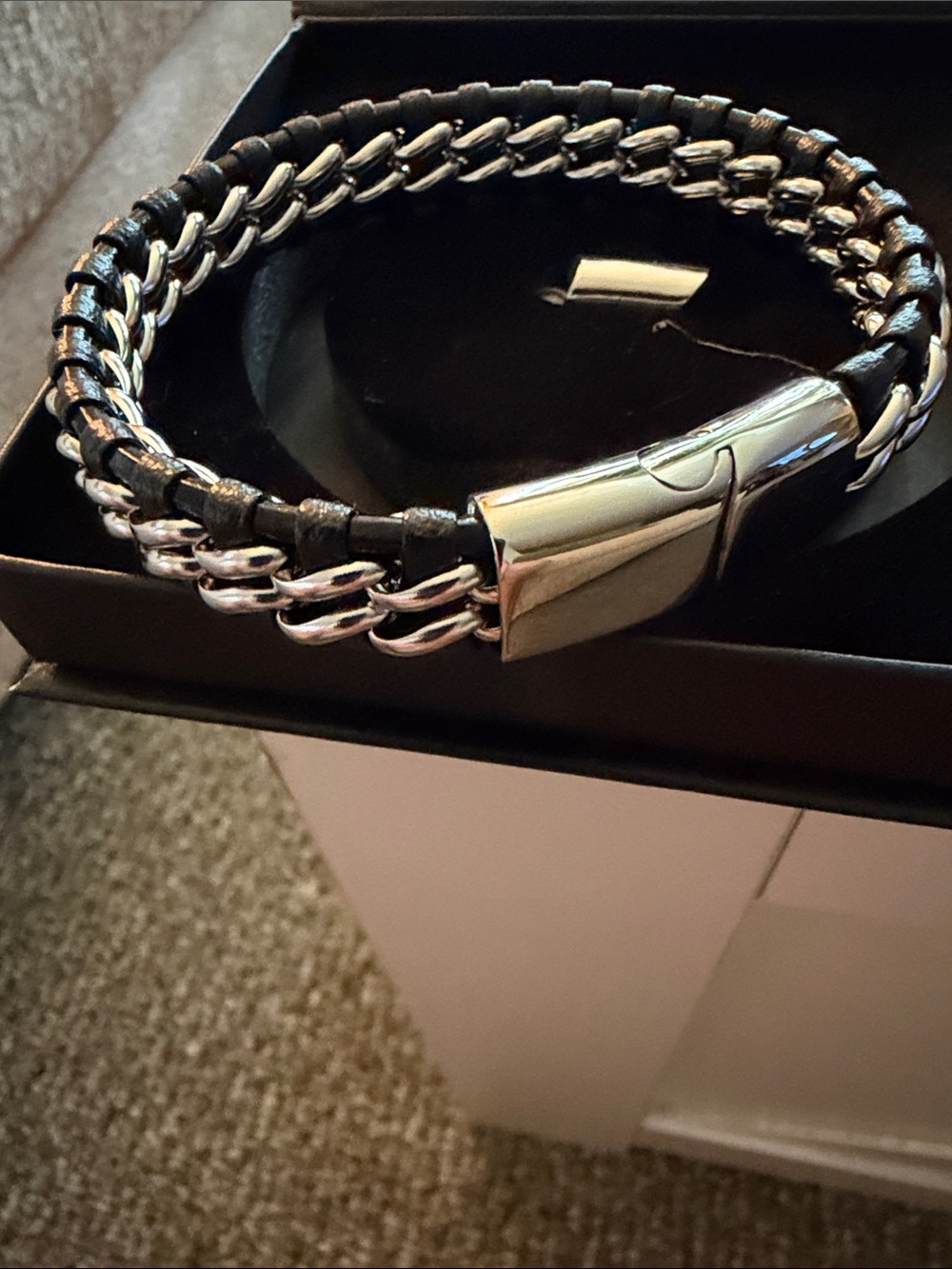 Men's Black Leather and Silver Chain Bracelet - New